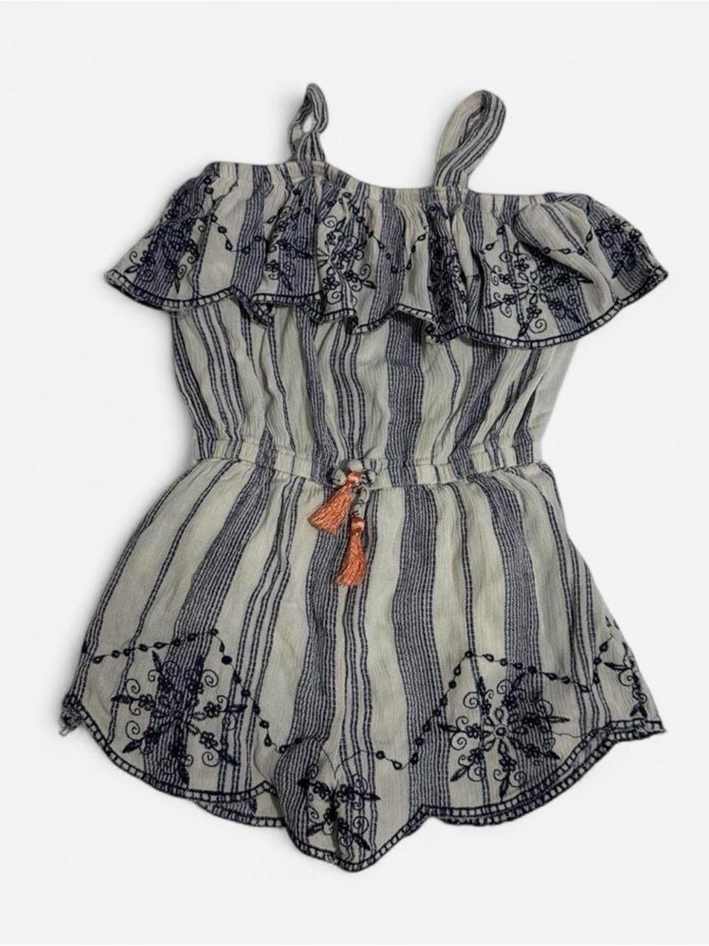 Jessica Simpson Navy and White Striped Embroidered Ruffle One-Piece
